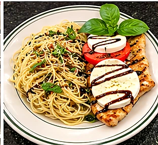 Italian pasta dish with basil and fresh mozzarella